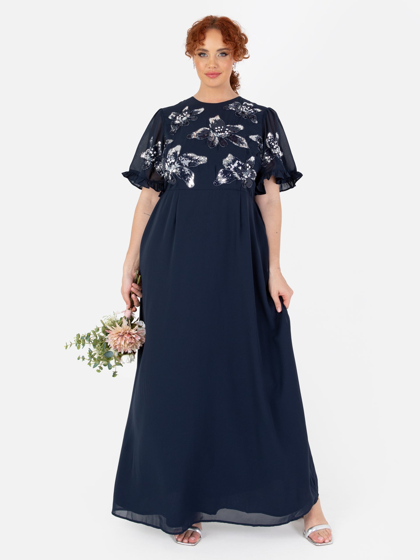 Maya Navy Floral Embellished Angel Sleeve Chiffon Maxi Dress