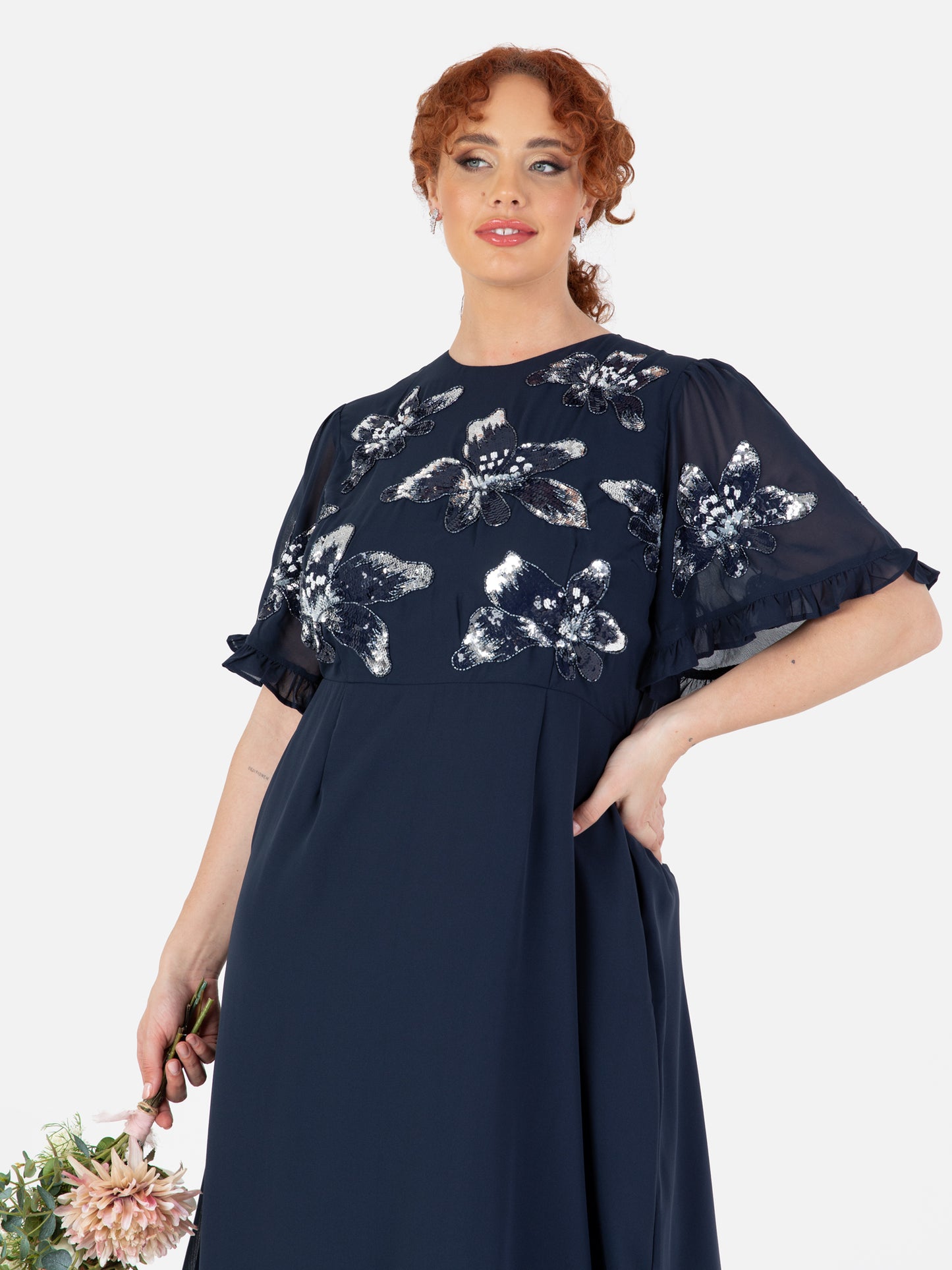 Maya Navy Floral Embellished Angel Sleeve Chiffon Maxi Dress