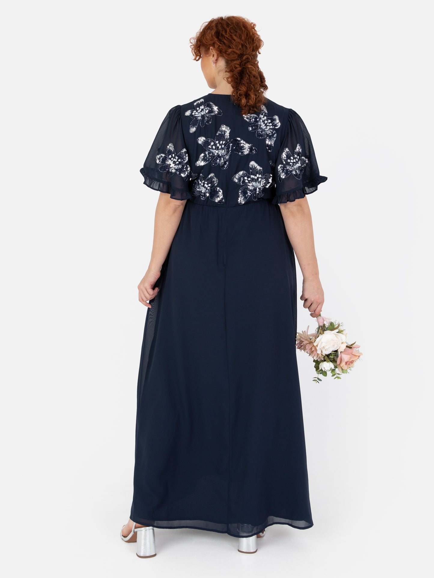 Maya Navy Floral Embellished Angel Sleeve Chiffon Maxi Dress