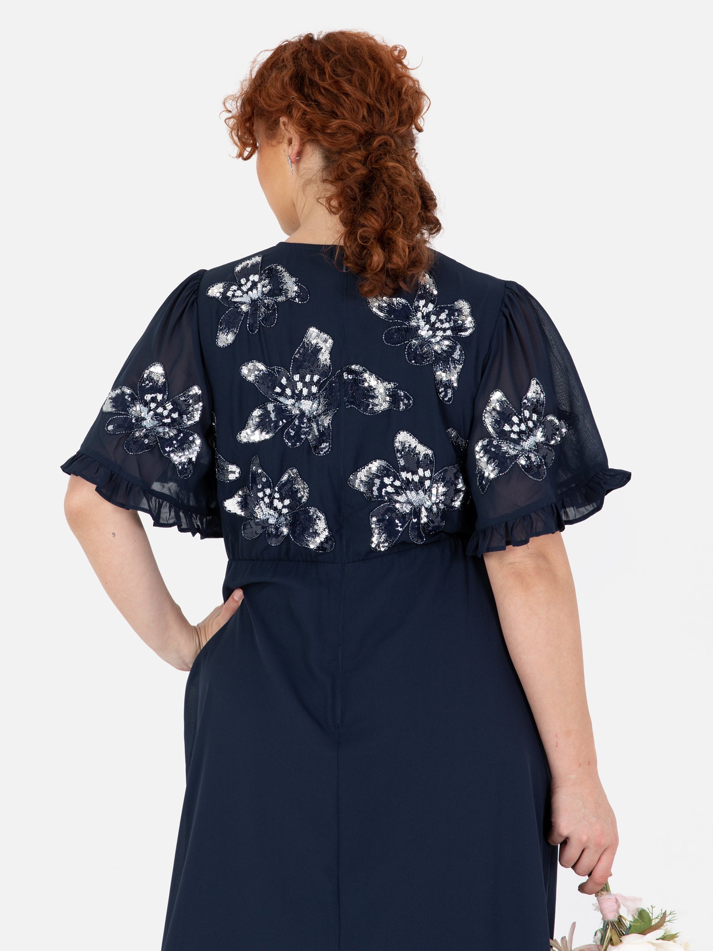 Maya Navy Floral Embellished Angel Sleeve Chiffon Maxi Dress