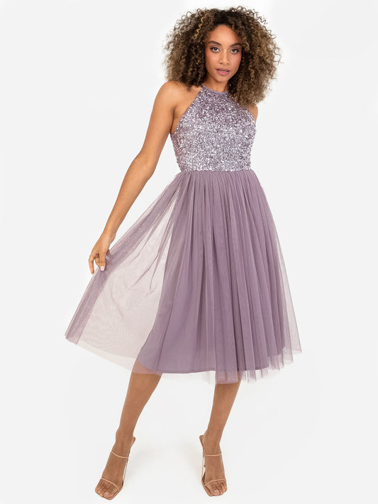 Maya Moody Lilac Embellished Halter Neck Midi Dress