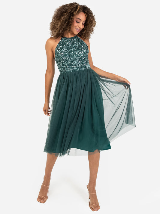 Maya Emerald Green Embellished Halter Neck Midi Dress