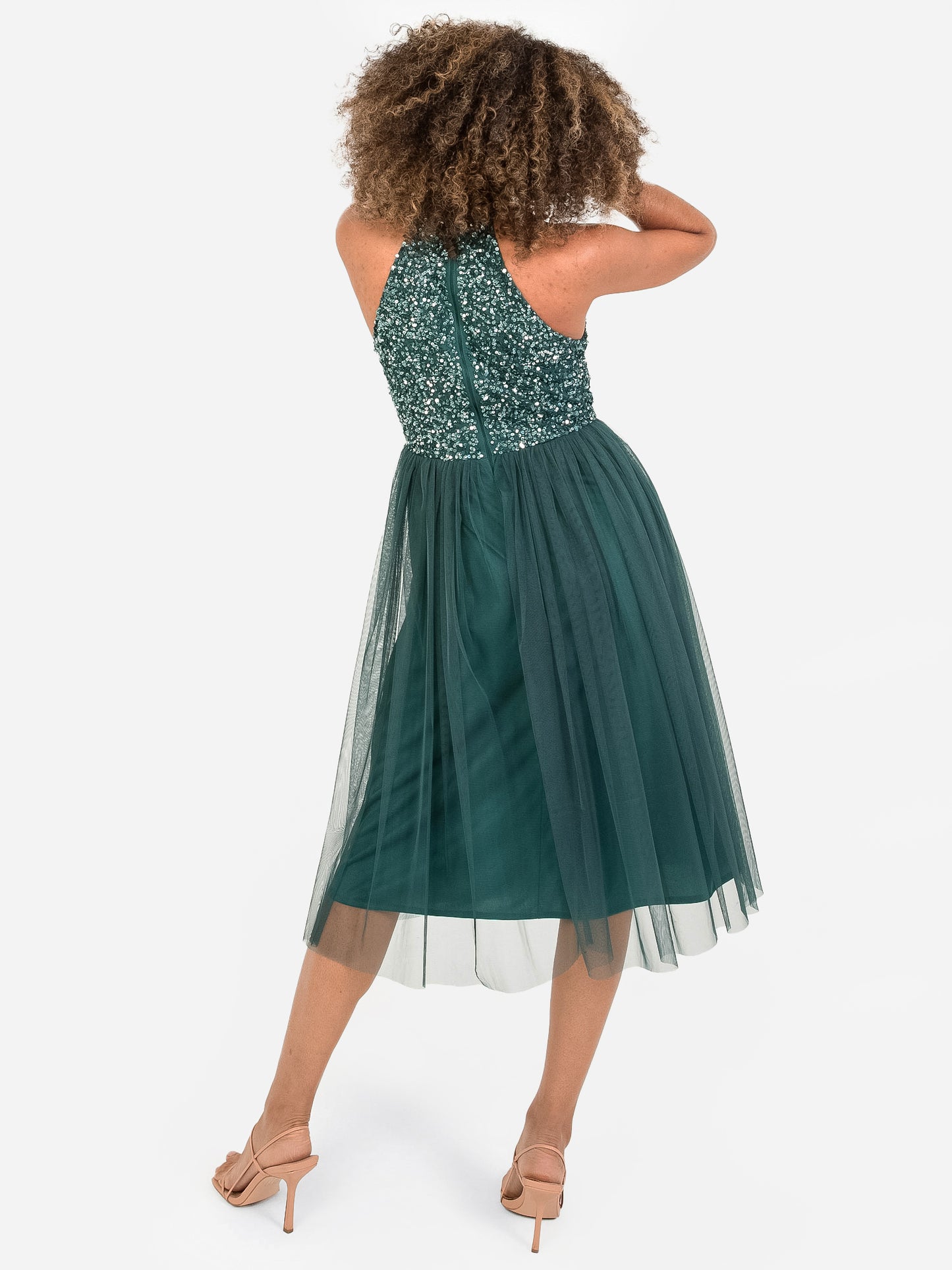 Maya Emerald Green Embellished Halter Neck Midi Dress