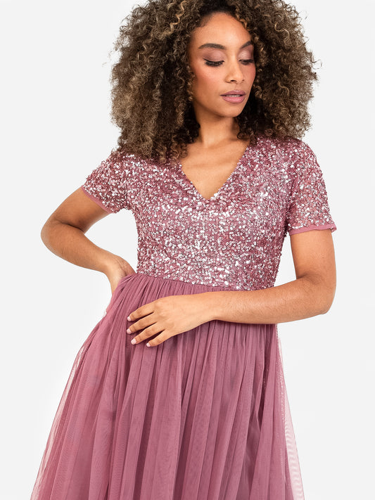 Maya Desert Rose V Neckline Embellished Midi Dress