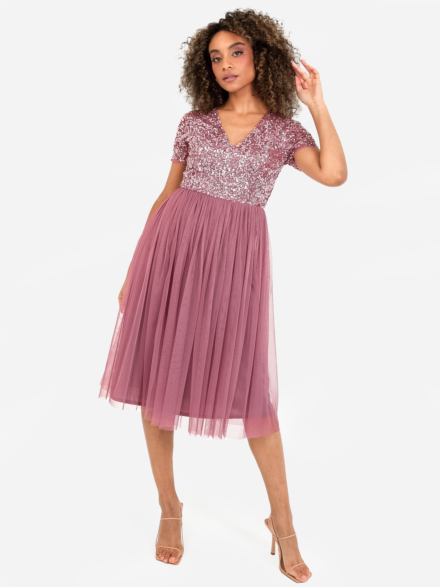 Maya Desert Rose V Neckline Embellished Midi Dress