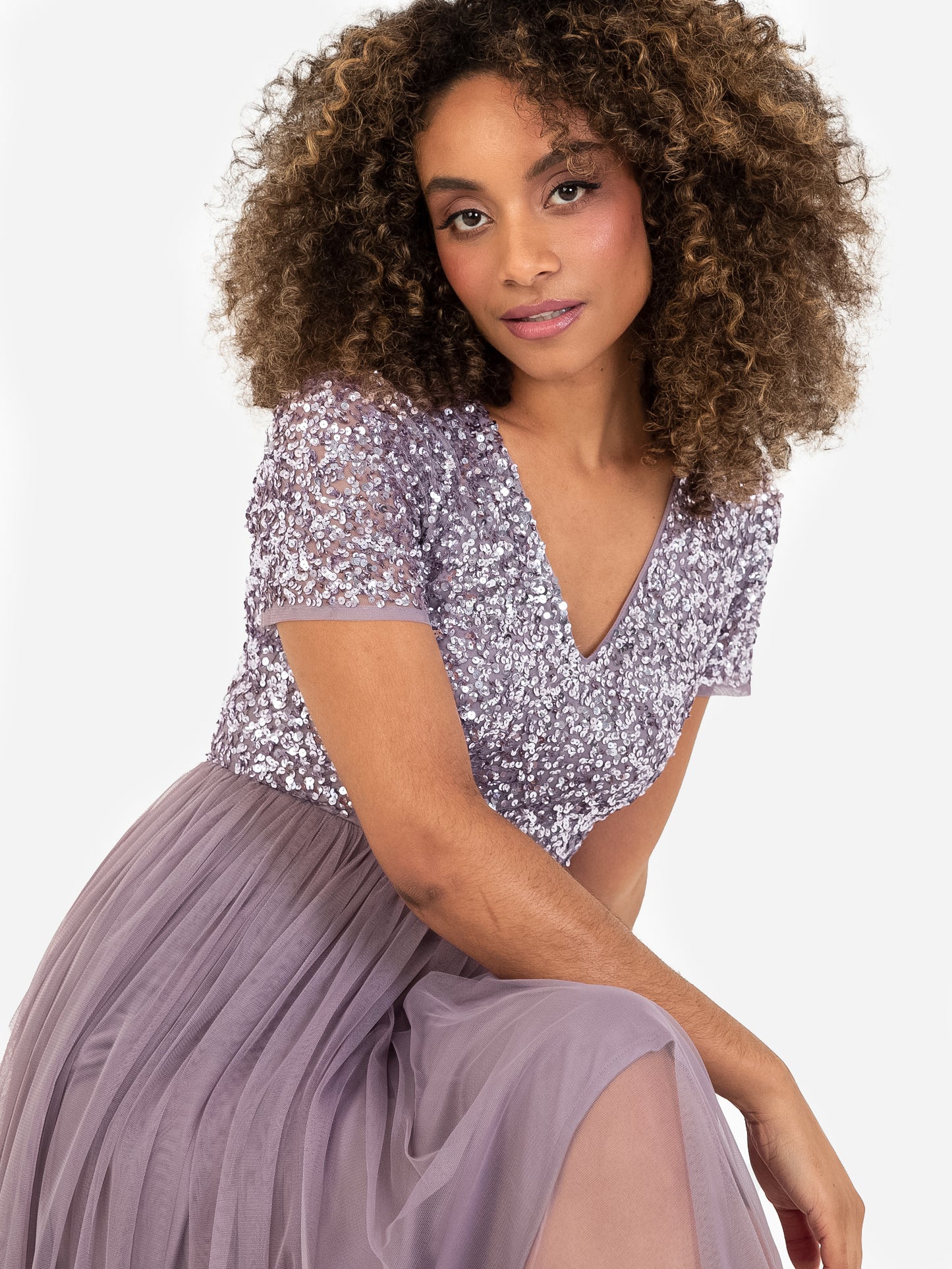 Maya Moody Lilac V Neckline Embellished Midi Dress