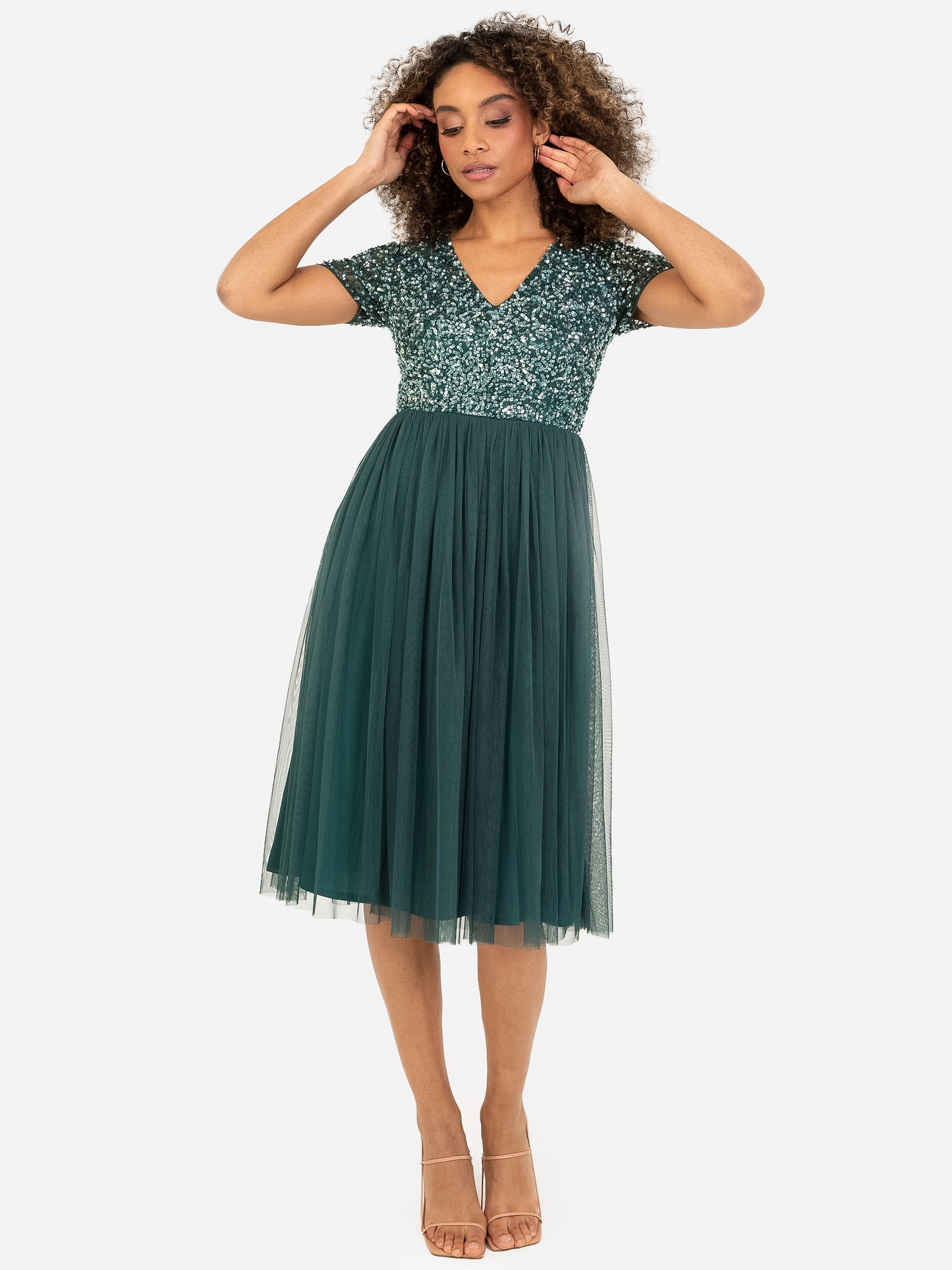 Maya Emerald Green V Neckline Embellished Midi Dress