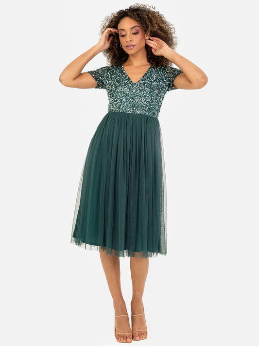 Maya Emerald Green V Neckline Embellished Midi Dress