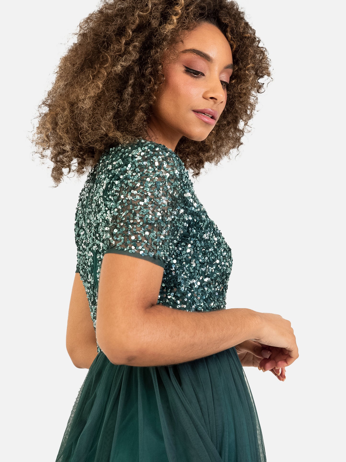 Maya Emerald Green V Neckline Embellished Midi Dress