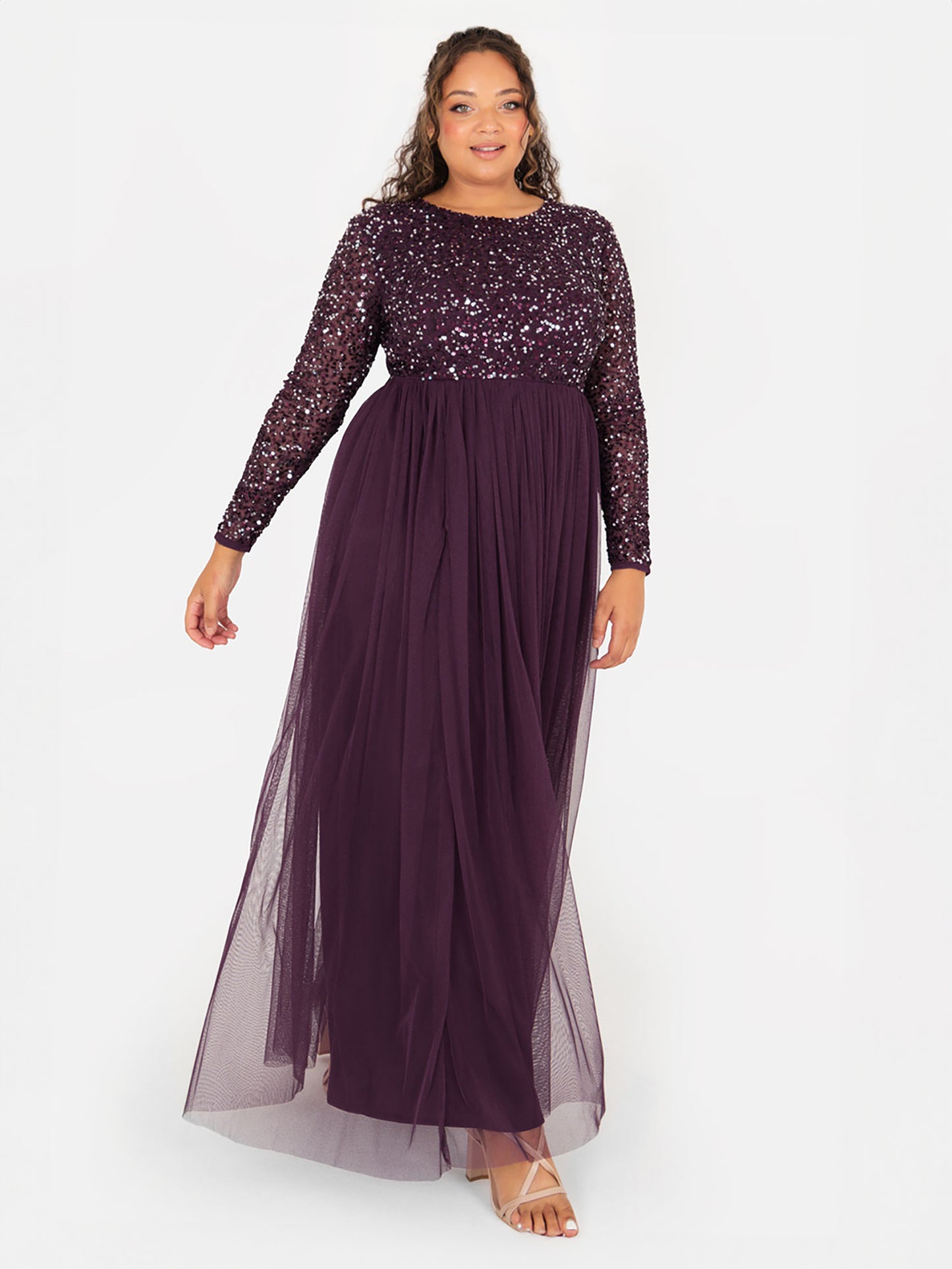 Maya Berry Embellished Long Sleeve Maxi Dress