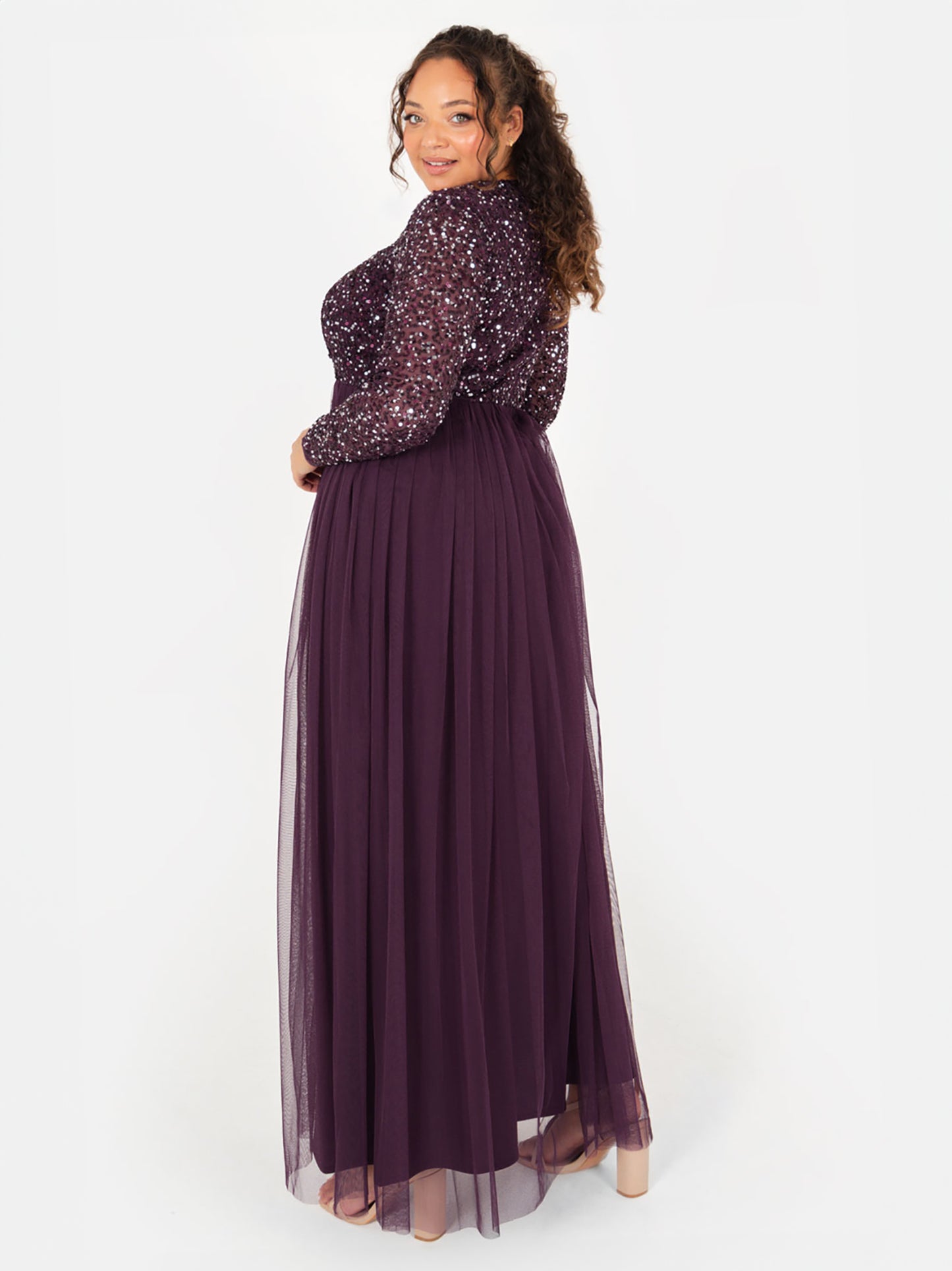 Maya Berry Embellished Long Sleeve Maxi Dress