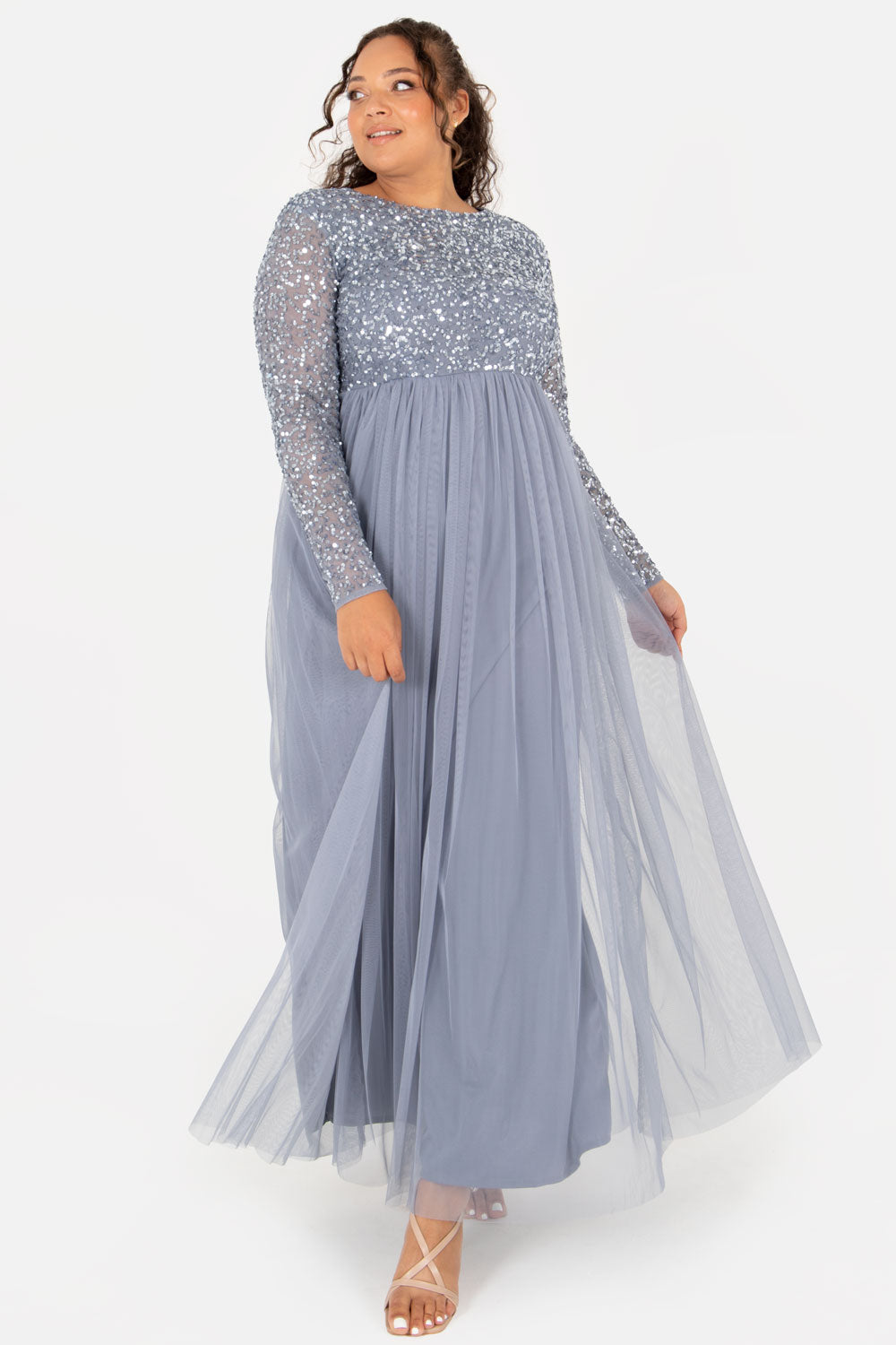 Maya Dusty Blue Embellished Long Sleeve Maxi Dress