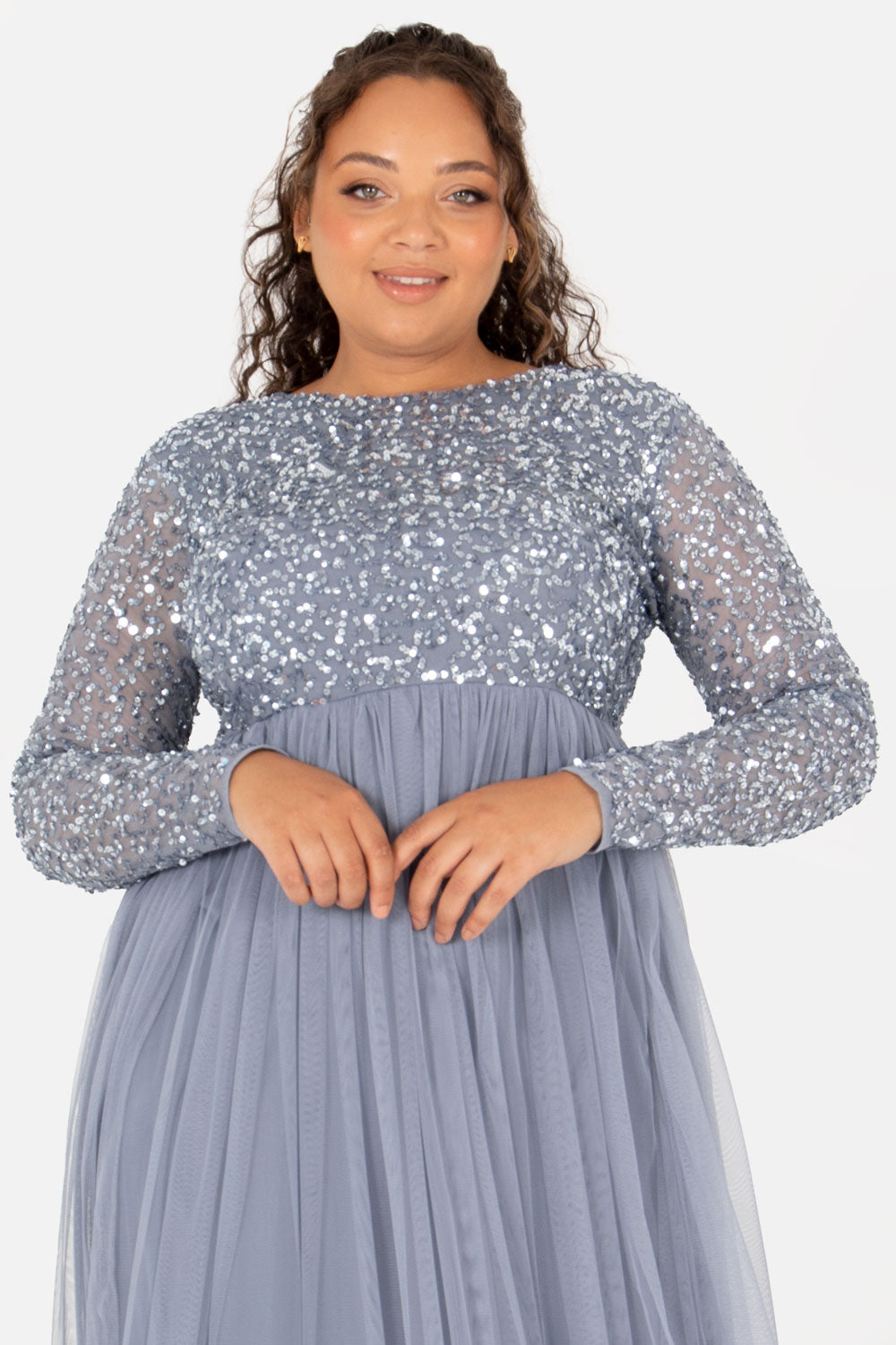 Maya Dusty Blue Embellished Long Sleeve Maxi Dress