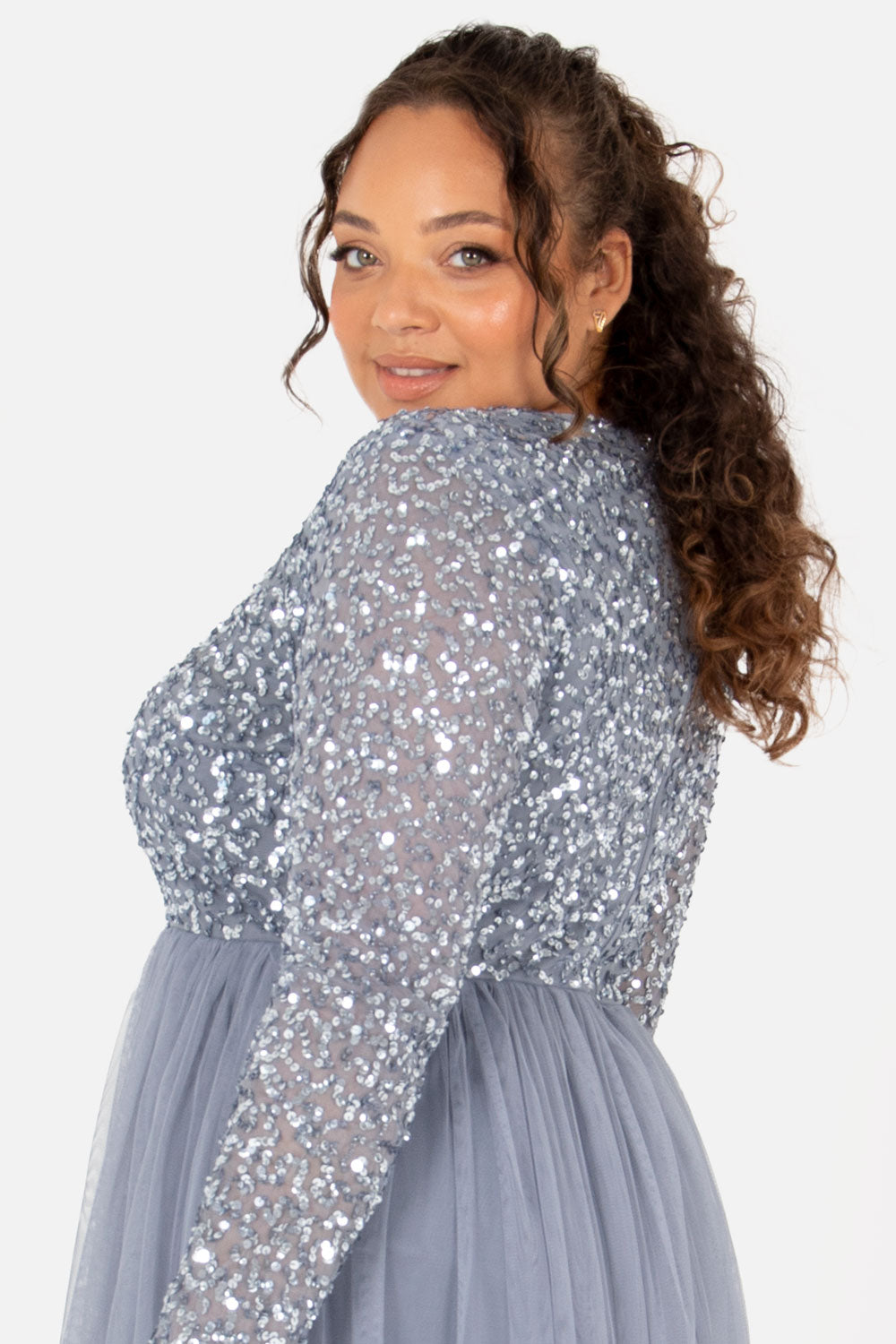 Maya Dusty Blue Embellished Long Sleeve Maxi Dress