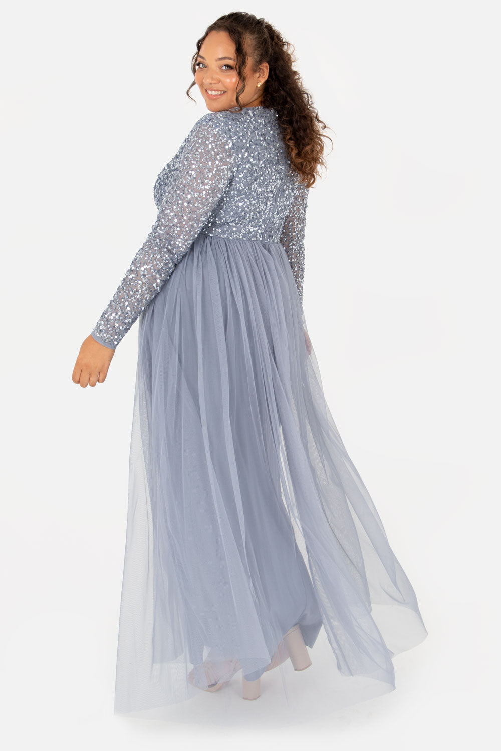 Maya Dusty Blue Embellished Long Sleeve Maxi Dress