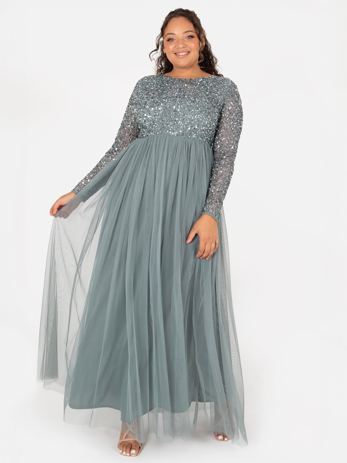 Maya Misty Green Embellished Long Sleeve Maxi Dress