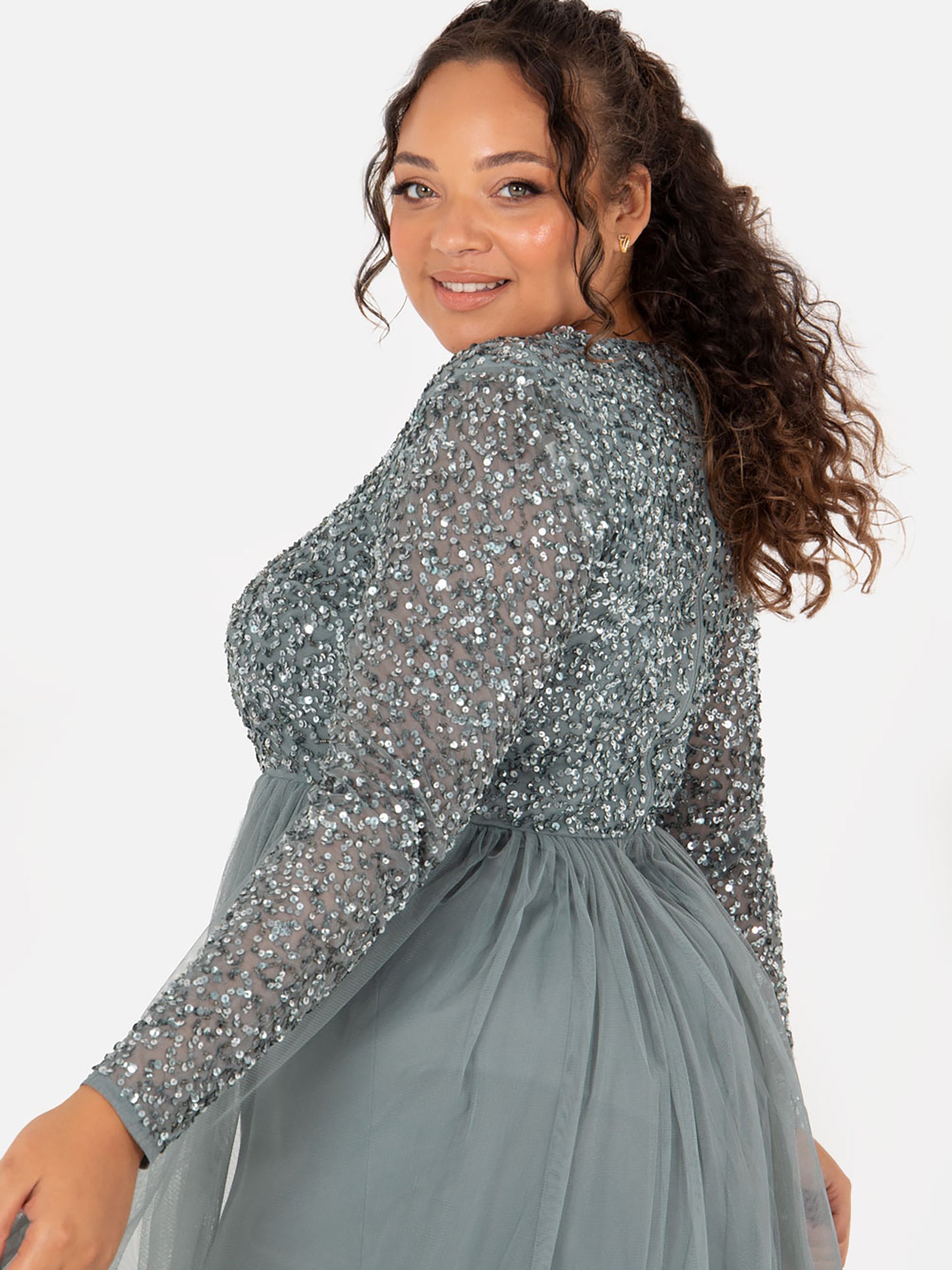 Maya Misty Green Embellished Long Sleeve Maxi Dress