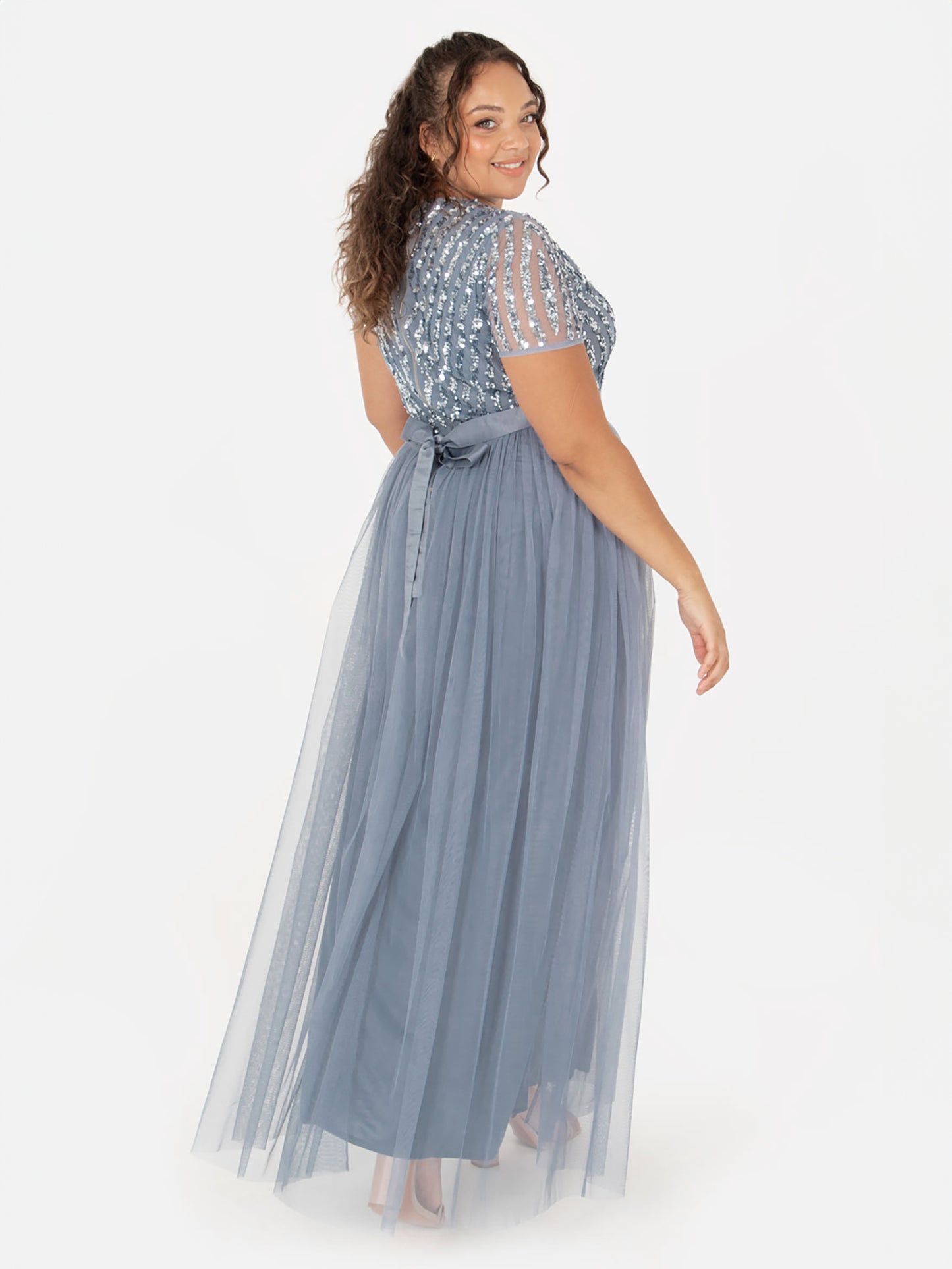 Maya Dusty Blue Stripe Embellished Maxi Dress With Sash Belt