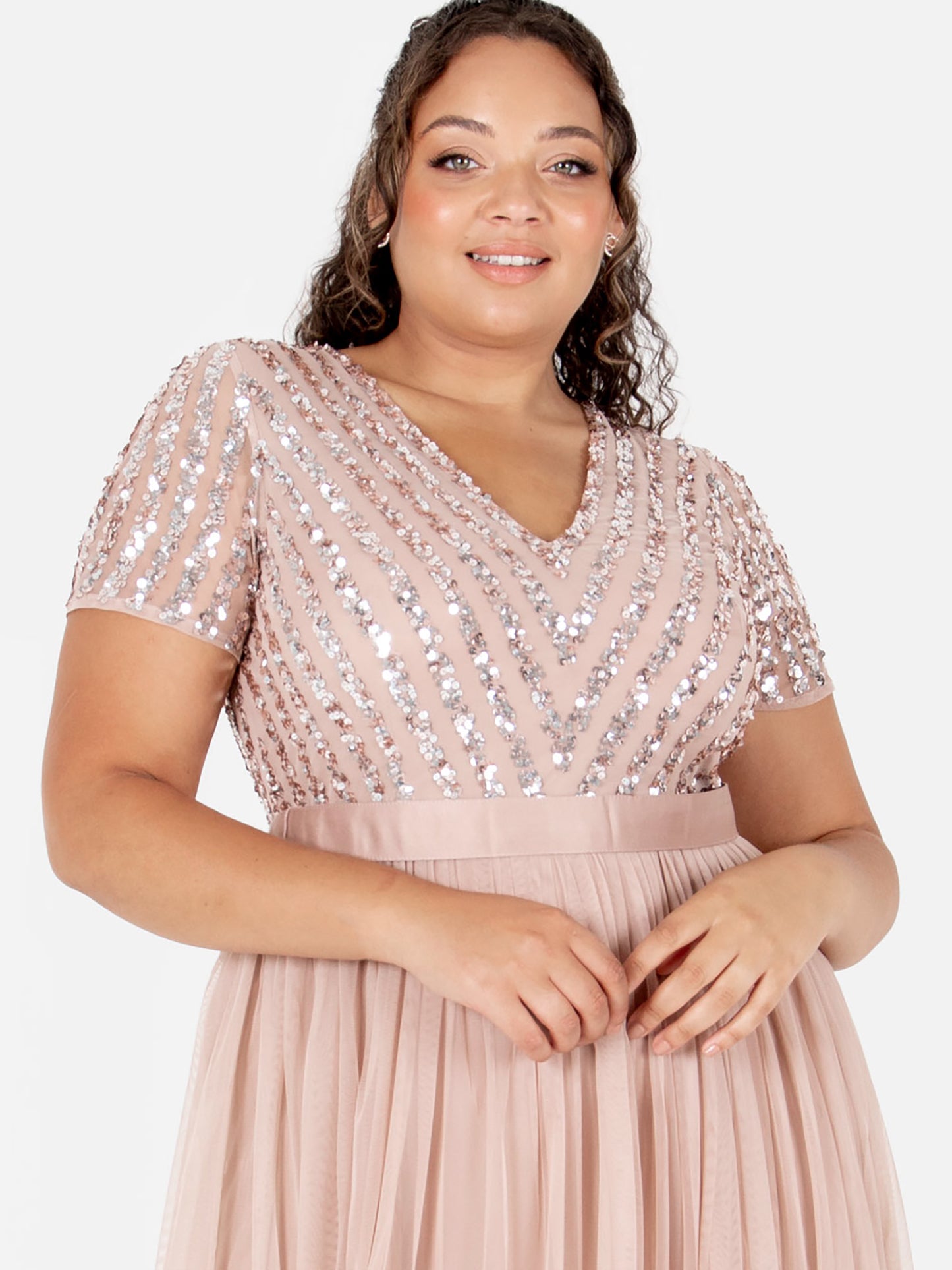 Maya Taupe Blush Stripe Embellished Maxi Dress With Sash Belt