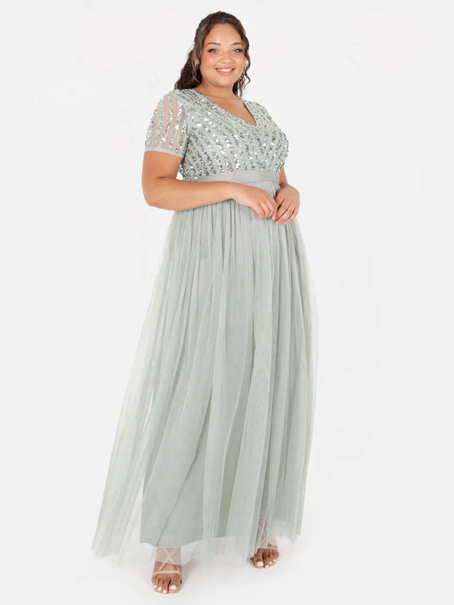 Maya Sage Green Stripe Embellished Maxi Dress With Sash Belt