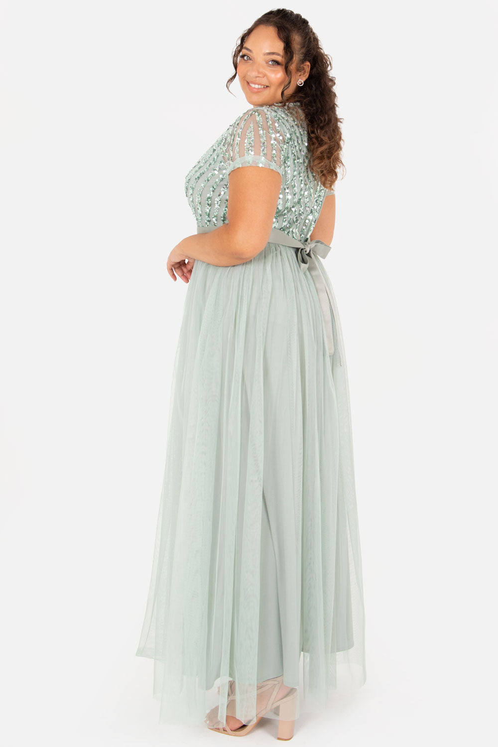 Maya Sage Green Stripe Embellished Maxi Dress With Sash Belt