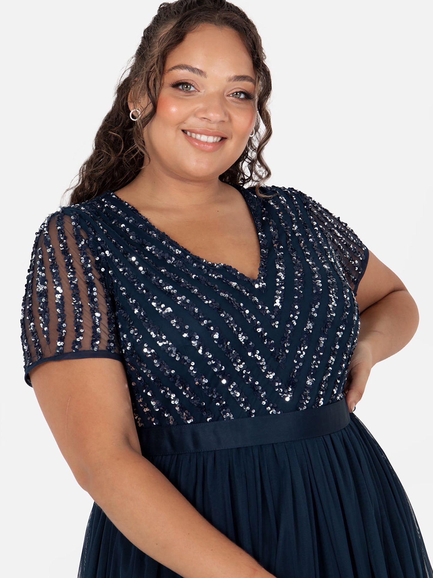 Maya Navy Stripe Embellished Maxi Dress With Sash Belt