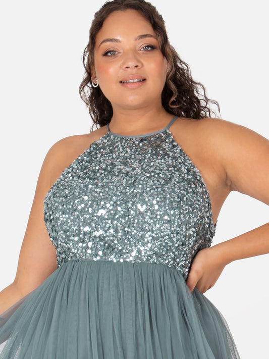 Maya Misty Green Embellished Halter Neck Maxi Dress