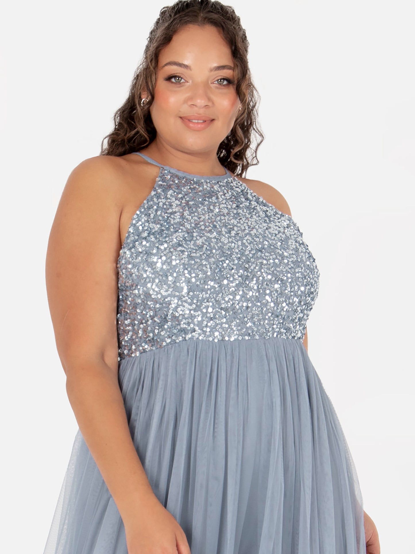 Maya Dusty Blue Embellished Halter Neck Maxi Dress