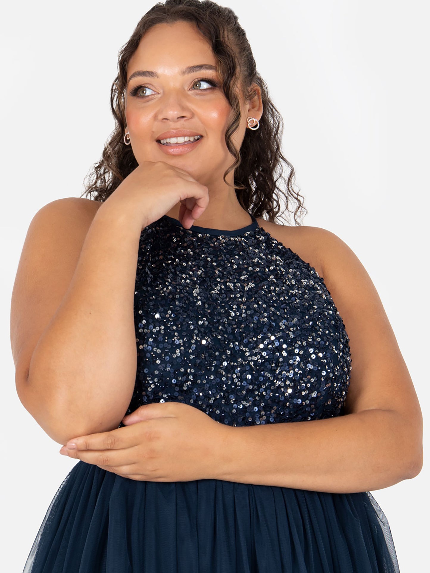 Maya Navy Embellished Halter Neck Maxi Dress