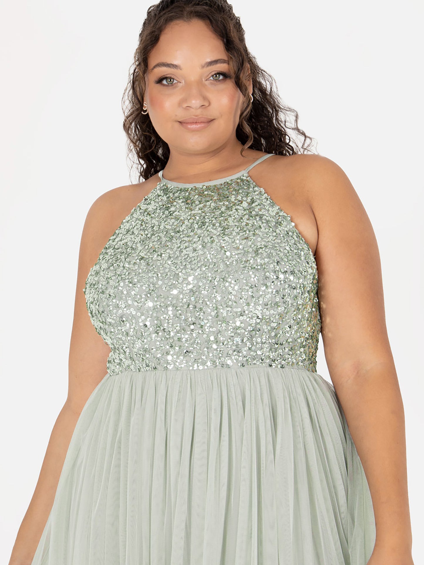 Maya Sage Green Embellished Halter Neck Maxi Dress