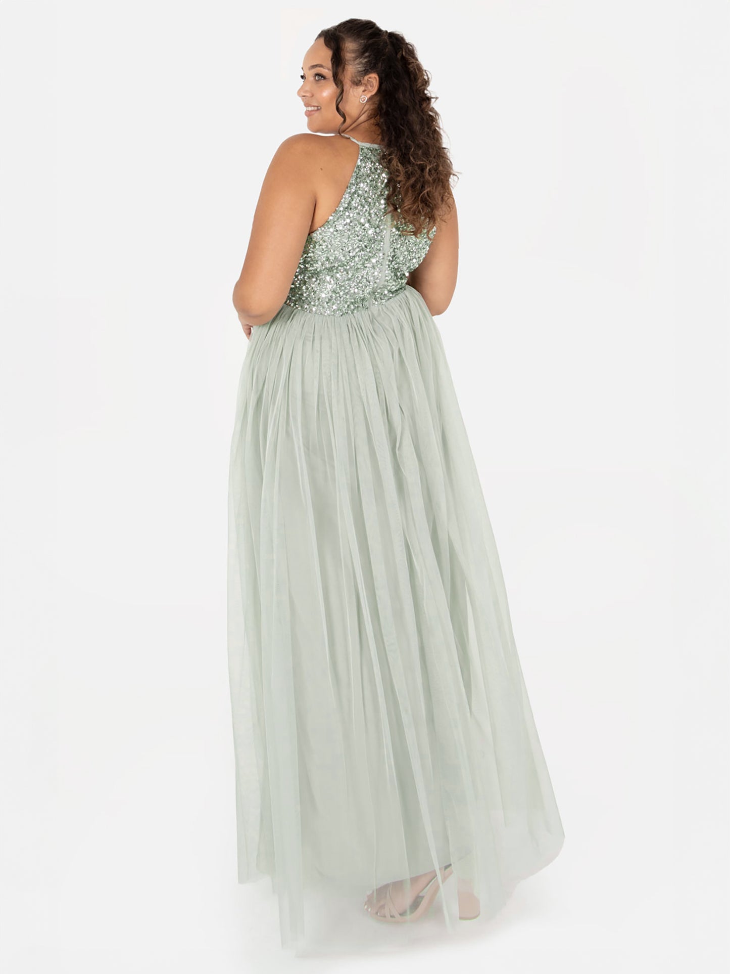Maya Sage Green Embellished Halter Neck Maxi Dress