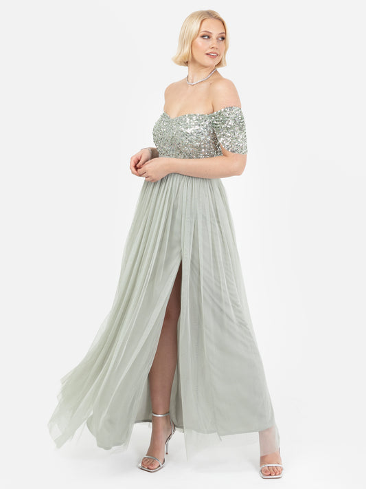 Maya Sage Green Embellished Sweetheart Bardot Maxi Dress with Skirt Split
