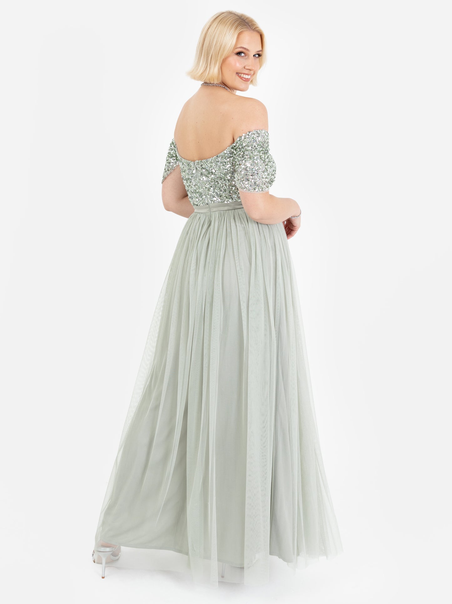 Maya Sage Green Embellished Sweetheart Bardot Maxi Dress with Skirt Split