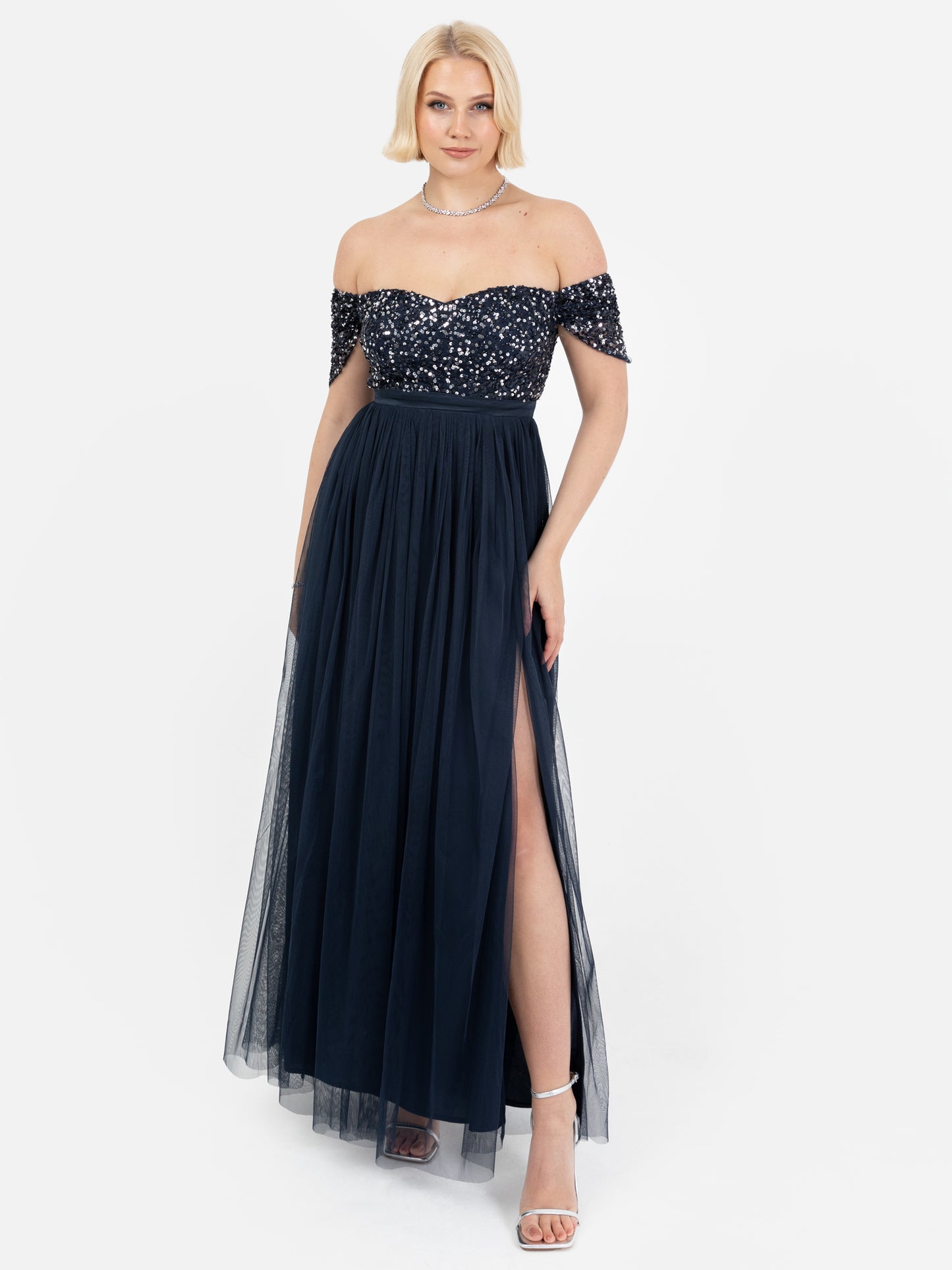 Maya Navy Embellished Sweetheart Bardot Maxi Dress with Skirt Split