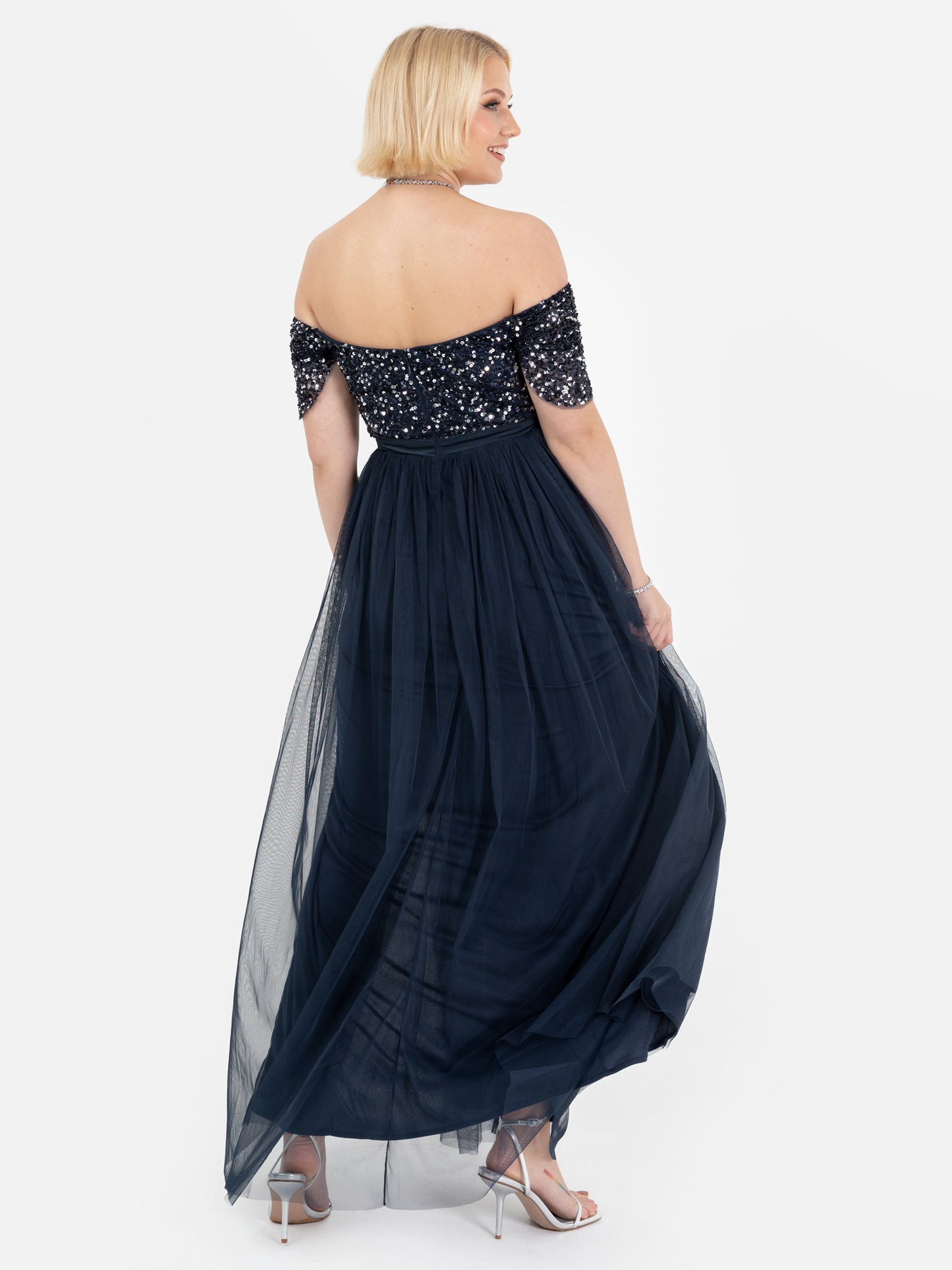 Maya Navy Embellished Sweetheart Bardot Maxi Dress with Skirt Split