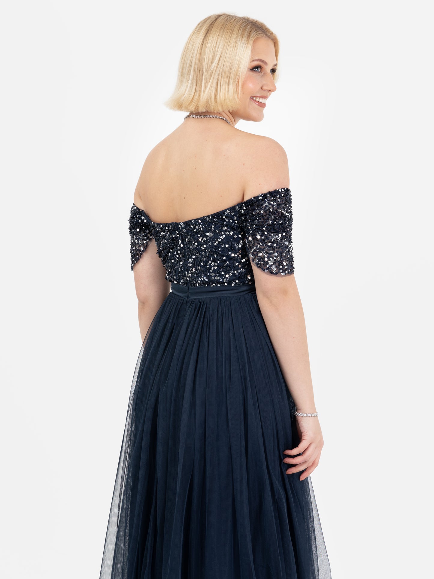 Maya Navy Embellished Sweetheart Bardot Maxi Dress with Skirt Split