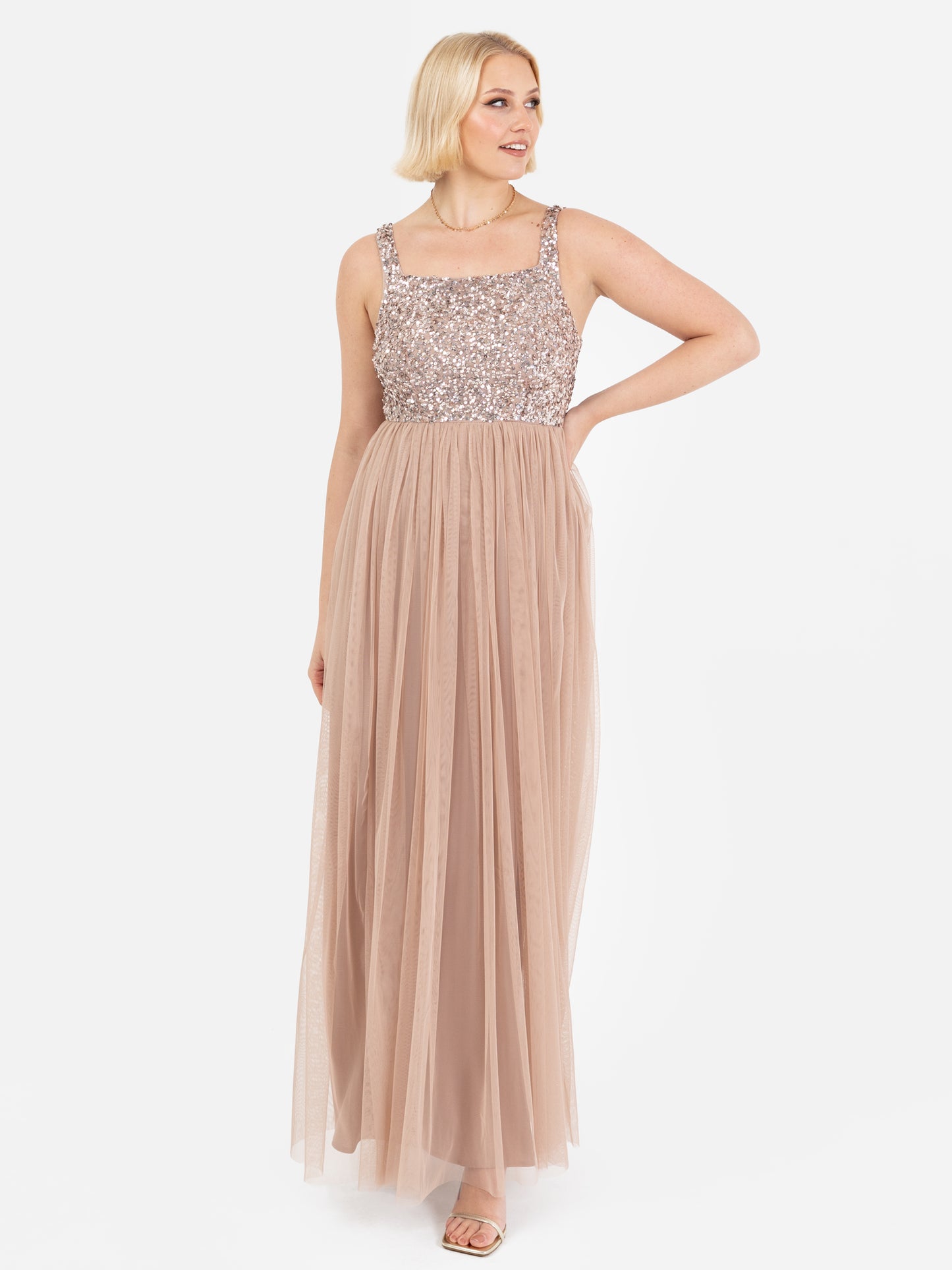 Maya Taupe Blush Embellished Strappy Maxi Dress