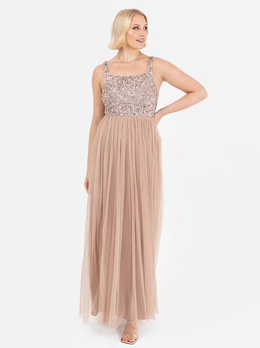 Maya Taupe Blush Embellished Strappy Maxi Dress