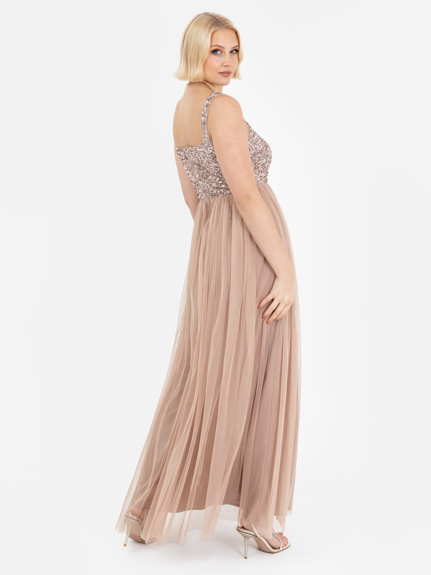 Maya Taupe Blush Embellished Strappy Maxi Dress