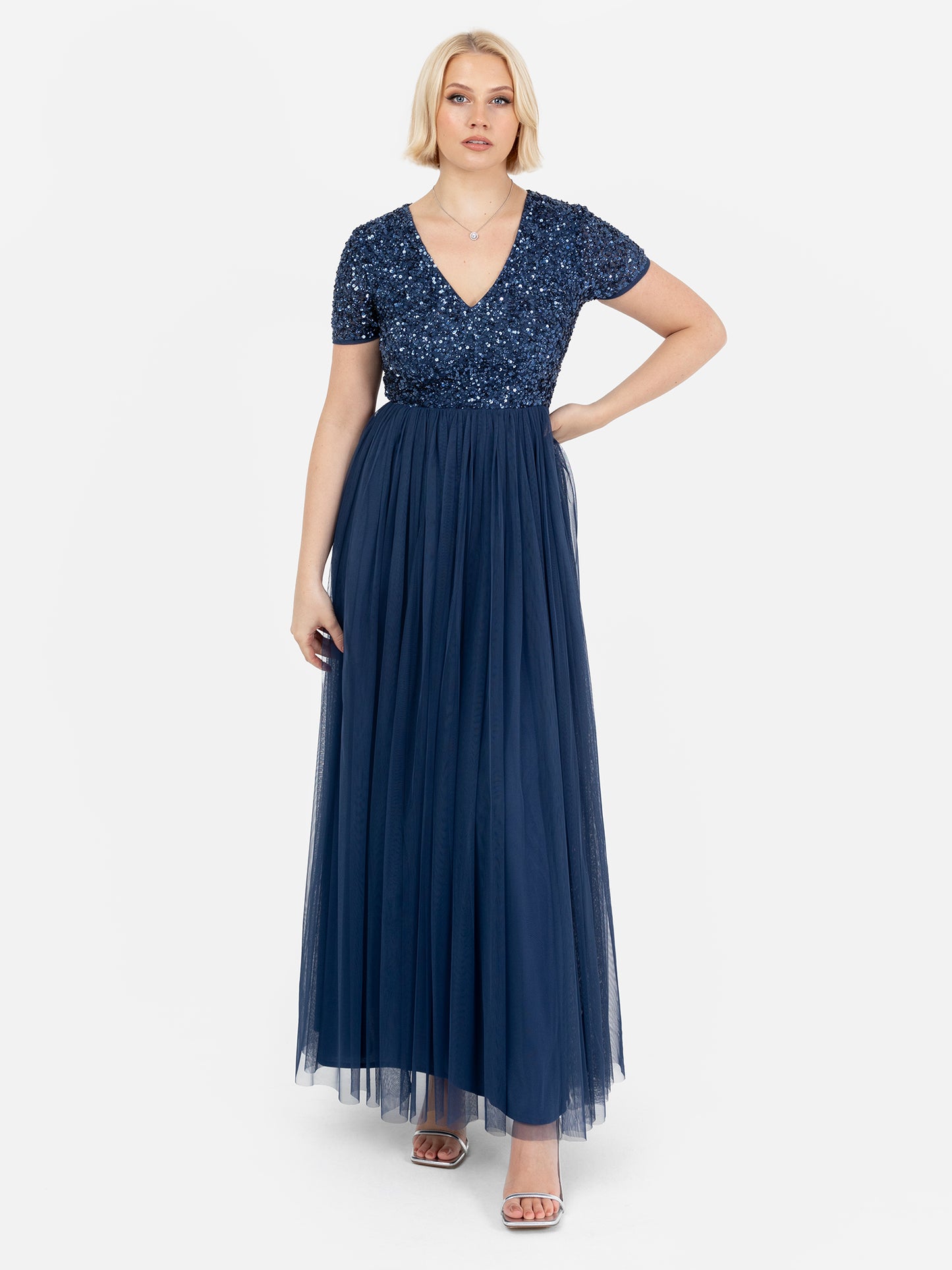 Maya French Navy V Neckline Embellished Maxi Dress