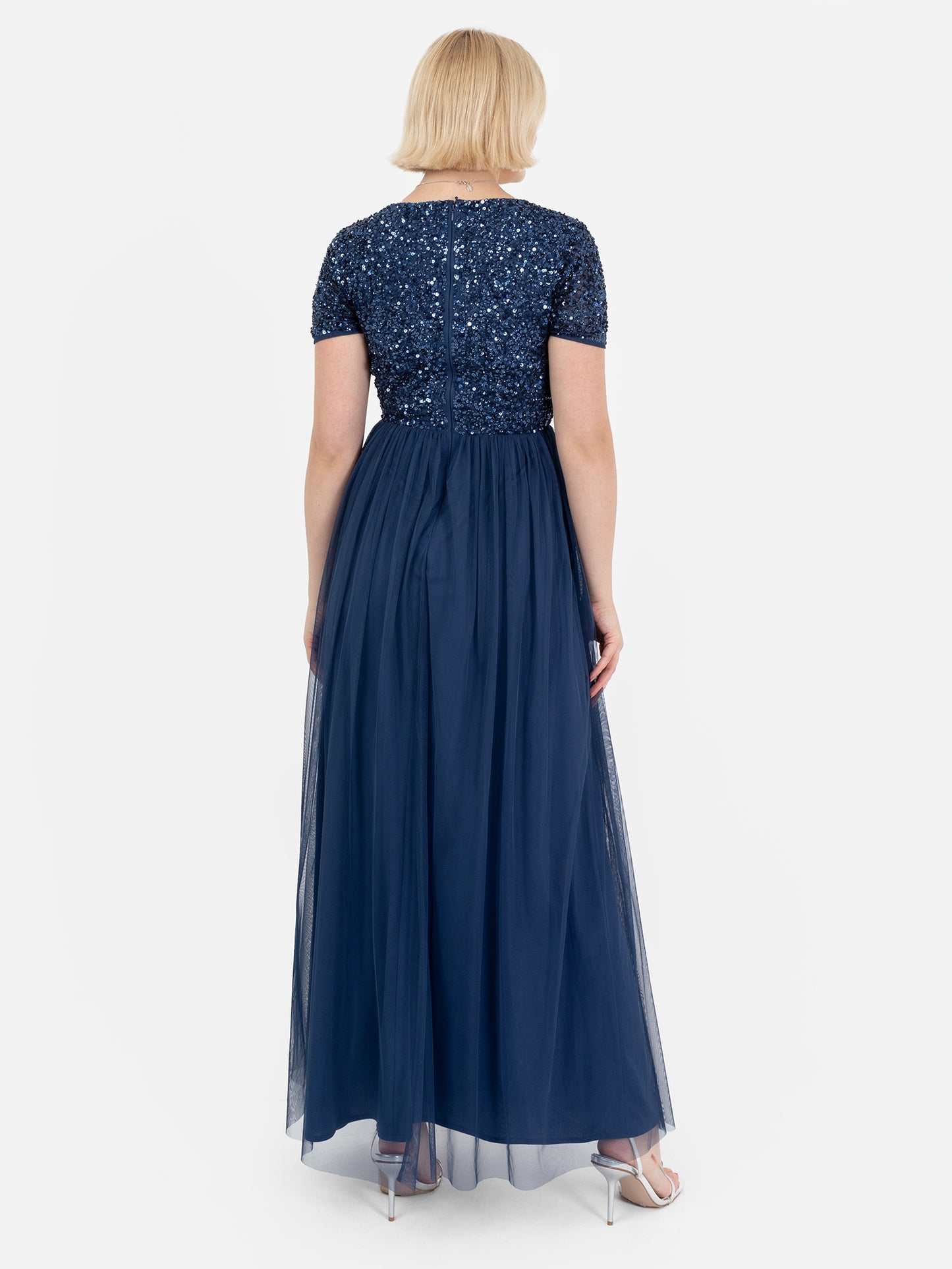 Maya French Navy V Neckline Embellished Maxi Dress