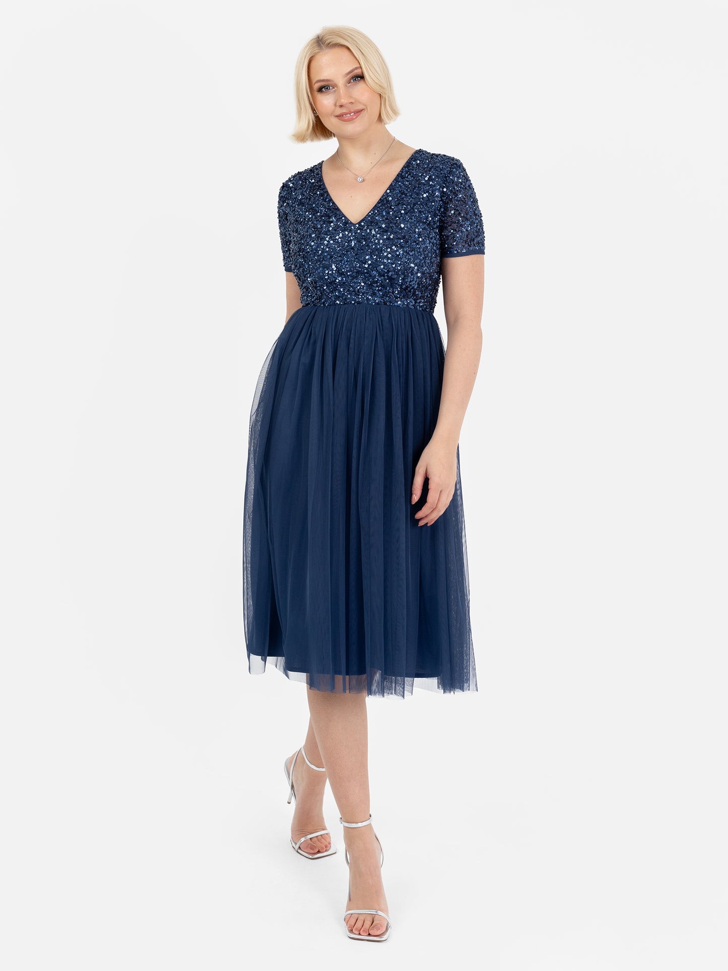 Maya French Navy V Neckline Embellished Midi Dress
