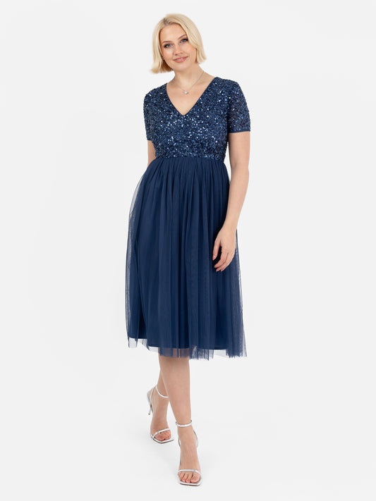 Maya French Navy V Neckline Embellished Midi Dress