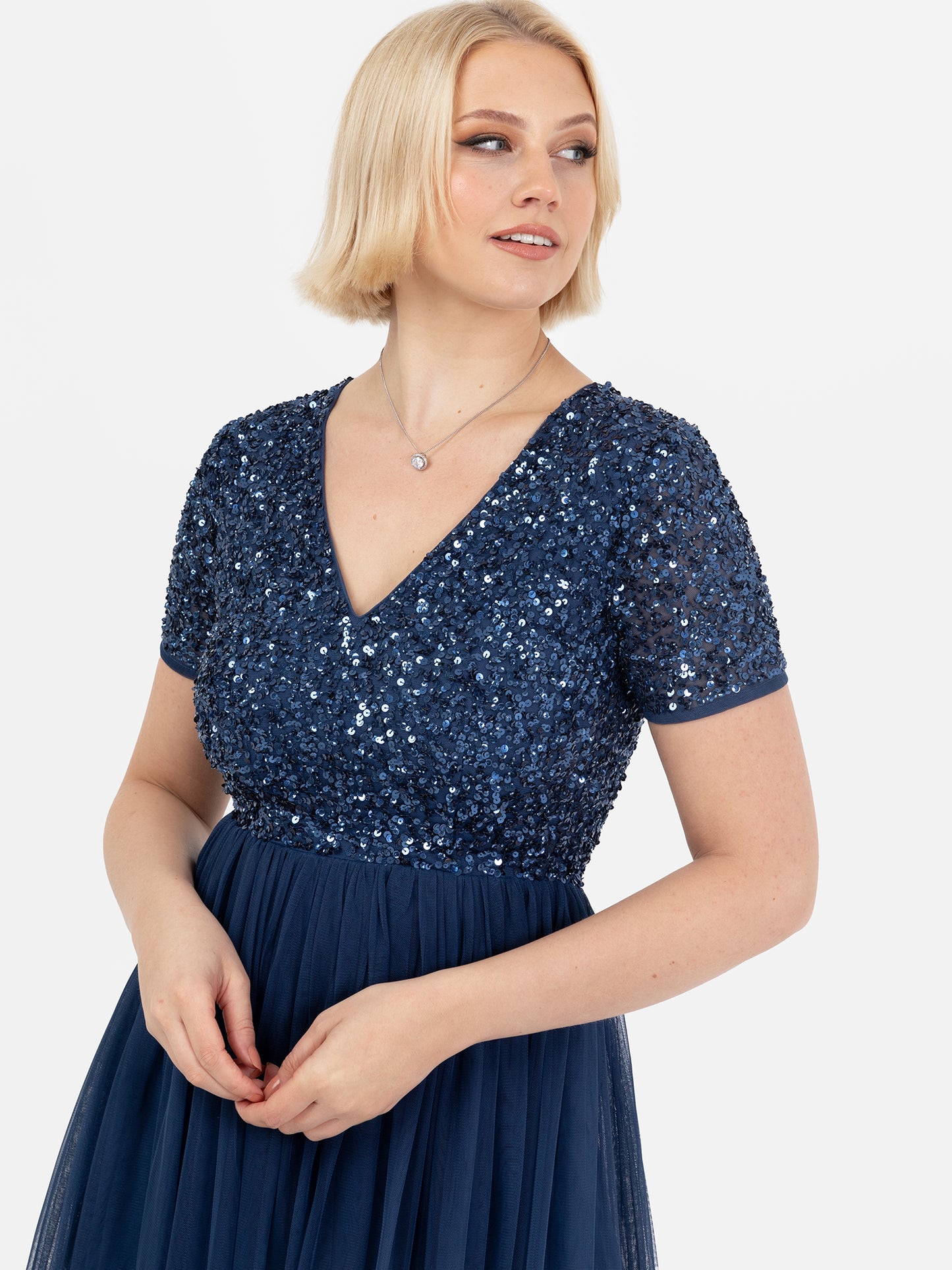 Maya French Navy V Neckline Embellished Midi Dress
