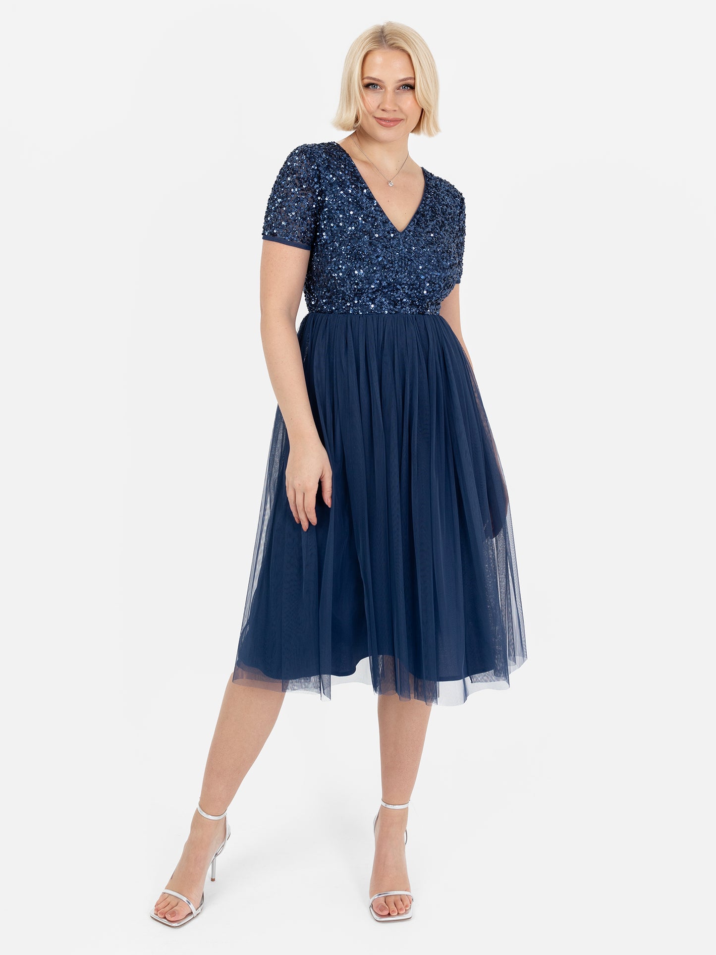 Maya French Navy V Neckline Embellished Midi Dress