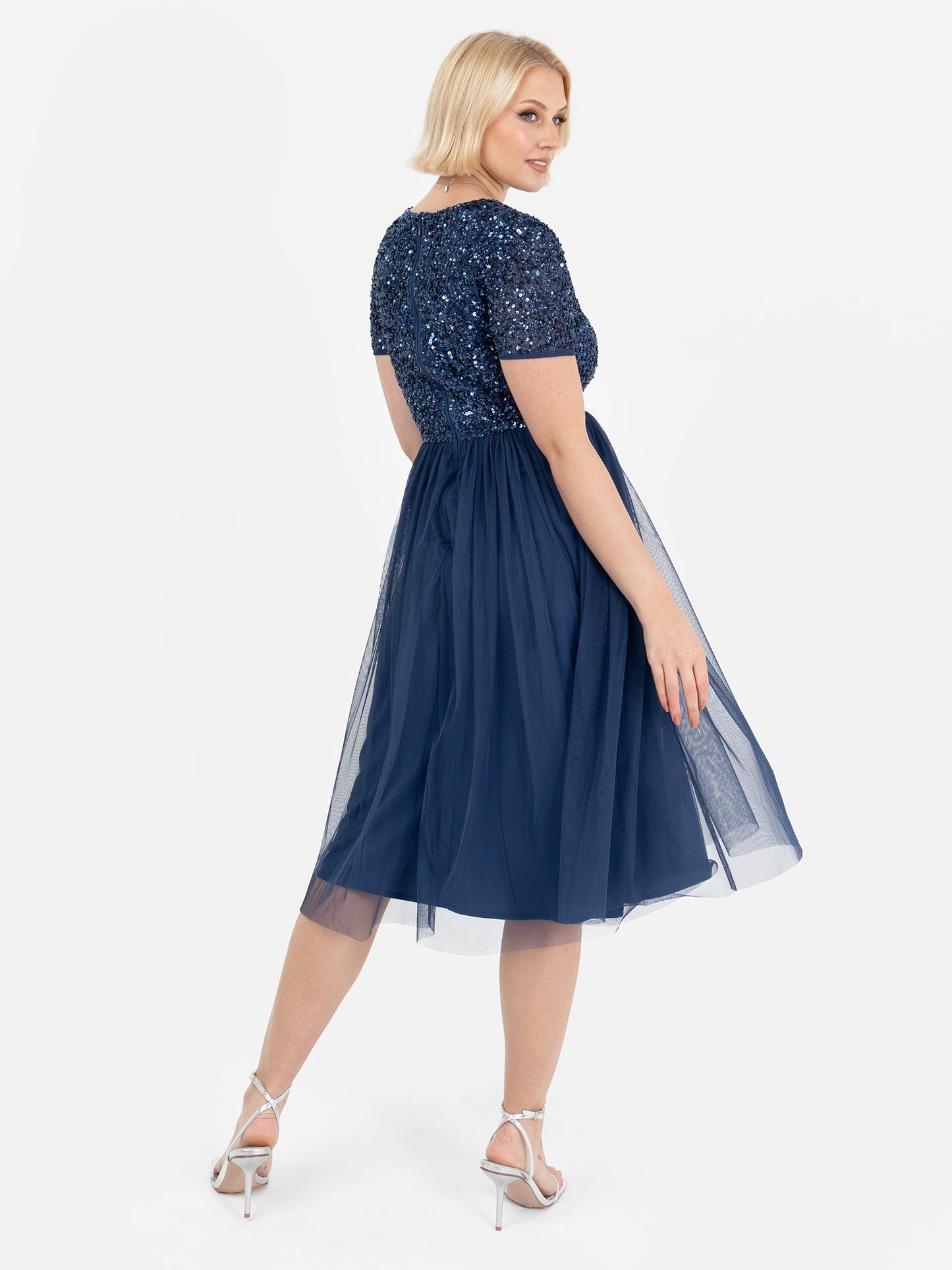 Maya French Navy V Neckline Embellished Midi Dress