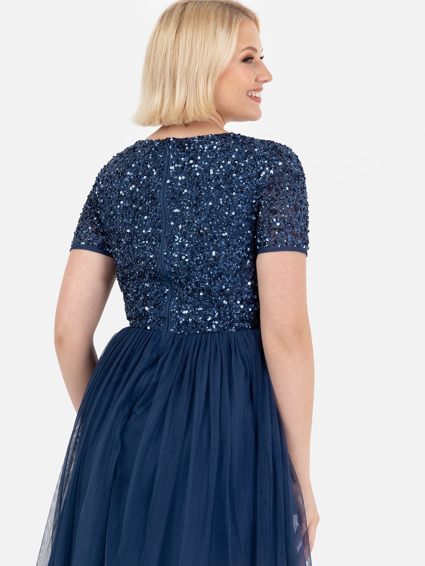 Maya French Navy V Neckline Embellished Midi Dress