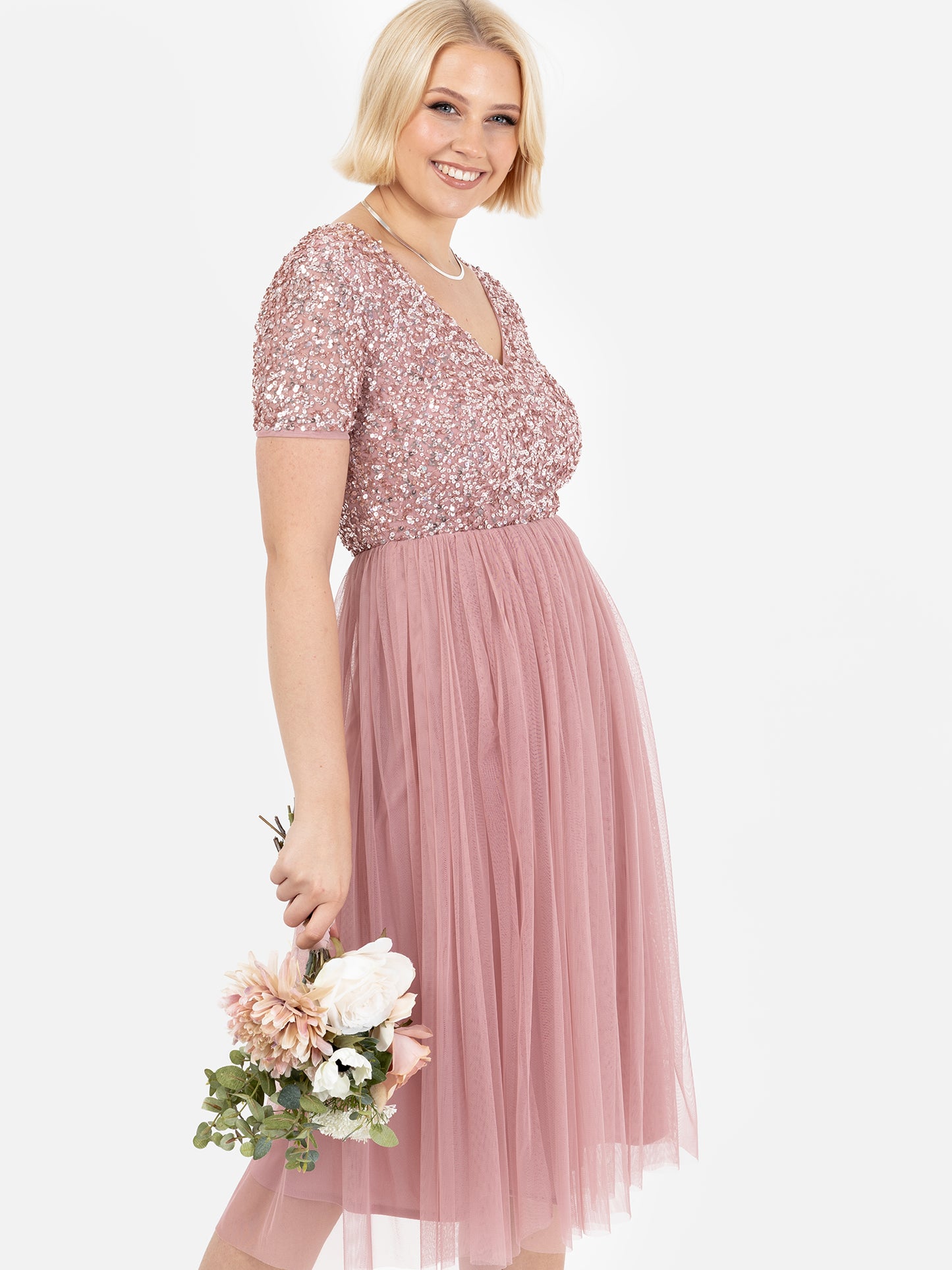Maya Dusty Pink V Neckline Embellished Midi Dress