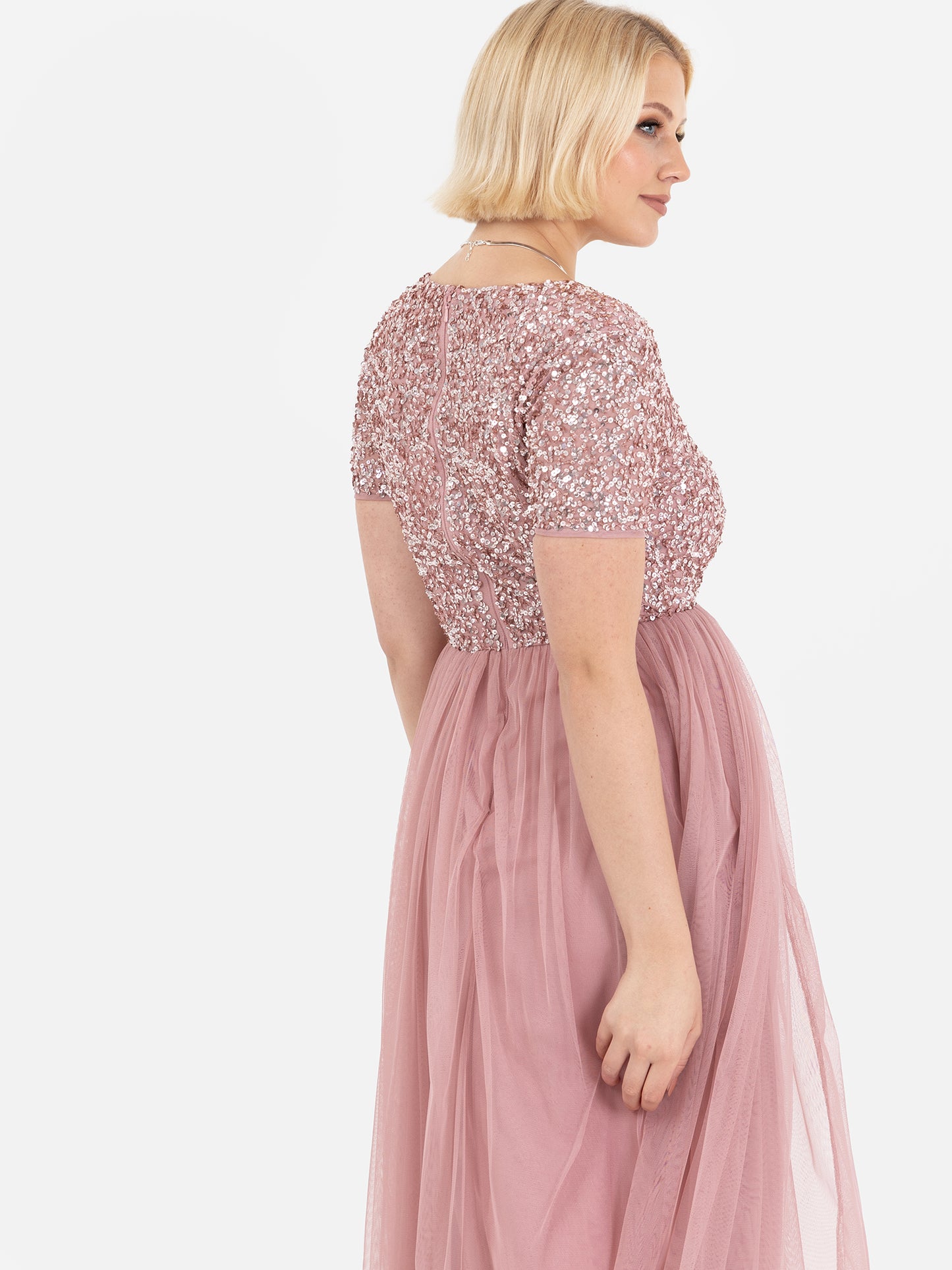 Maya Dusty Pink V Neckline Embellished Midi Dress