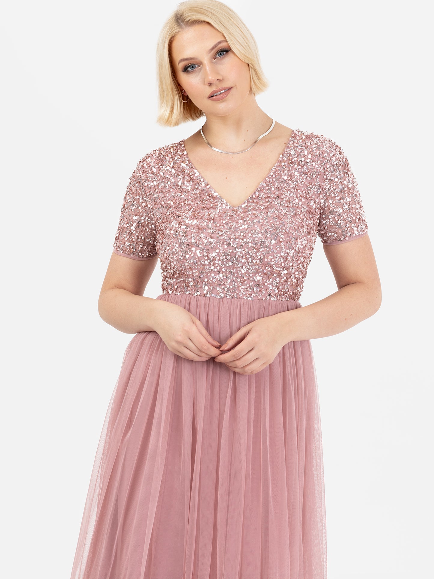 Maya Dusty Pink V Neckline Embellished Maxi Dress